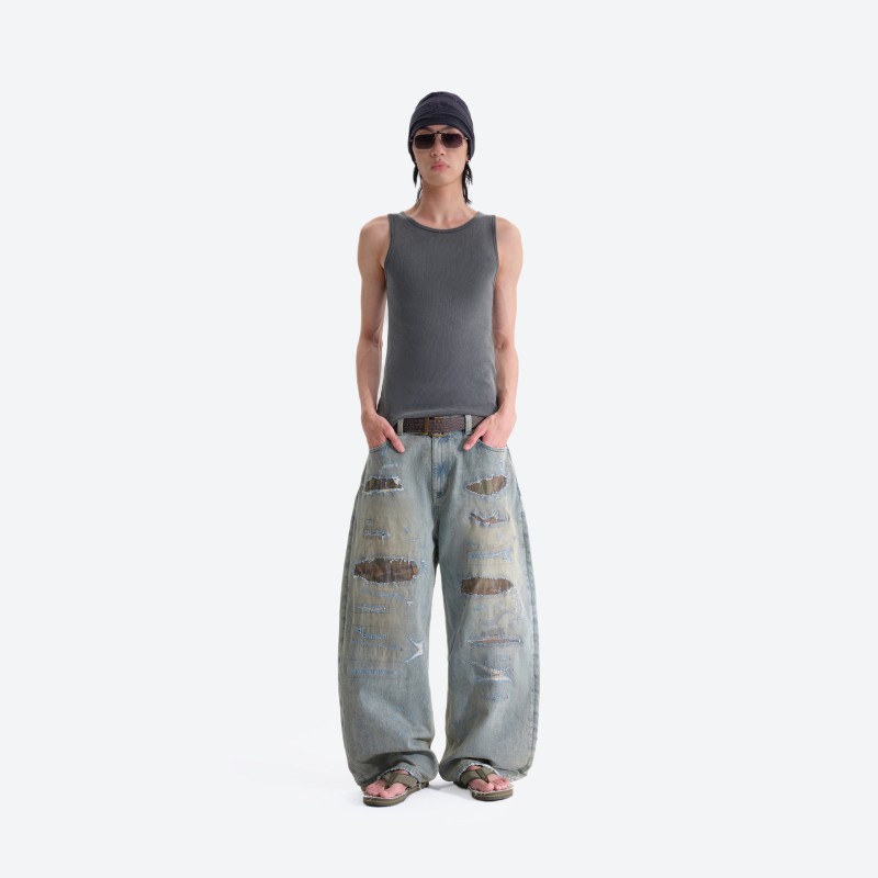 Destroyed Patch‑work Denim Pants